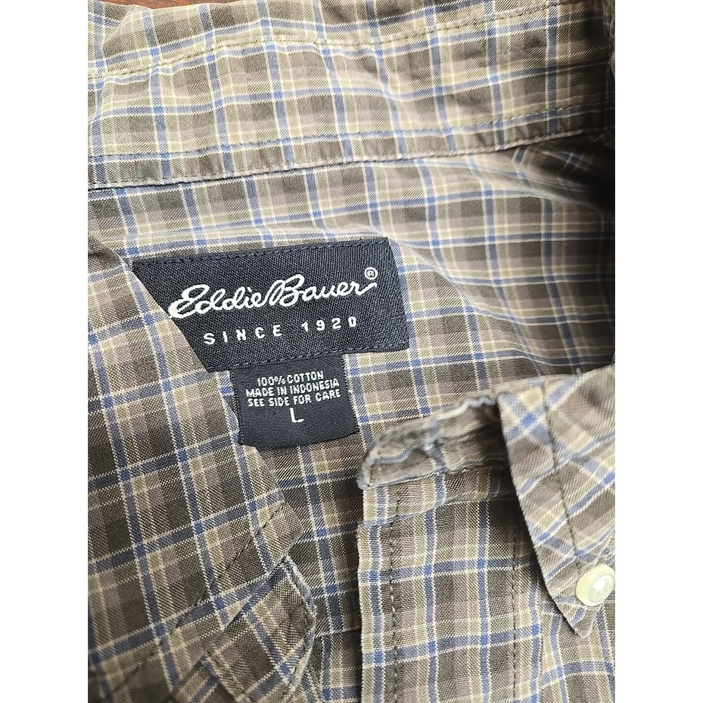 Eddie Bauer Men's L Button Shirt Long Sleeve Plaid Grey/Brown Plaid Cotton - Picture 8 of 8